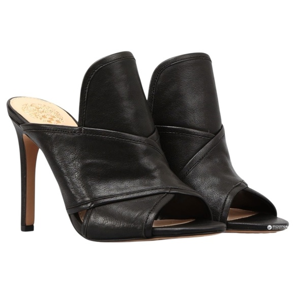 Vince Camuto Kazzia Black Leather Heeled Mules Open Toe Stilleto Size 8 UNWORN - Picture 1 of 16